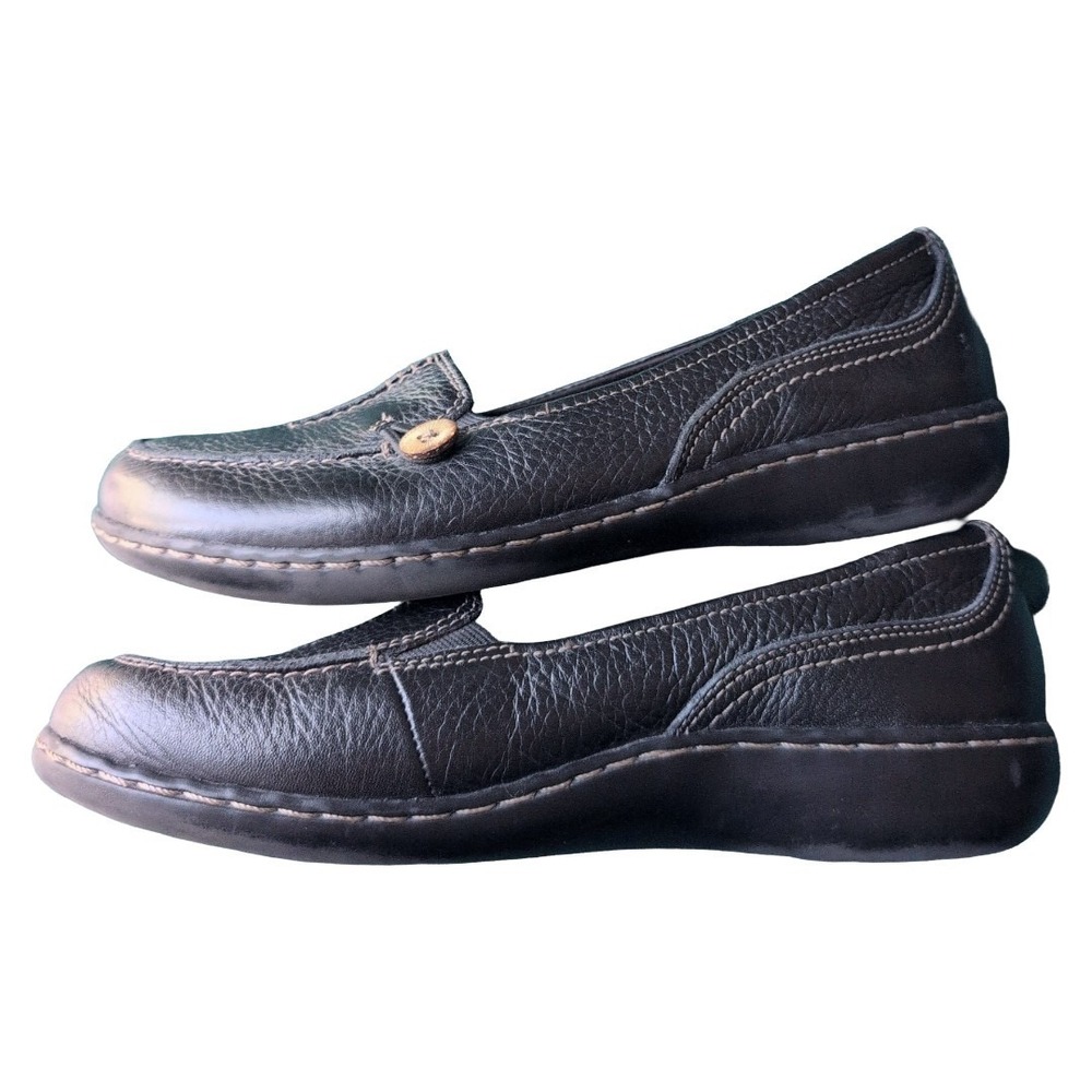 Clarks Women's Ashland Slip-on Loafers Black Pebbled Leather Comfort Shoe Size 8